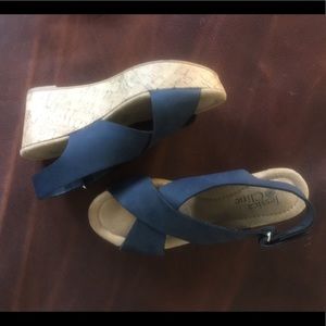 Navy Platform Cork Heel Velcro Strap Sandal SZ 7